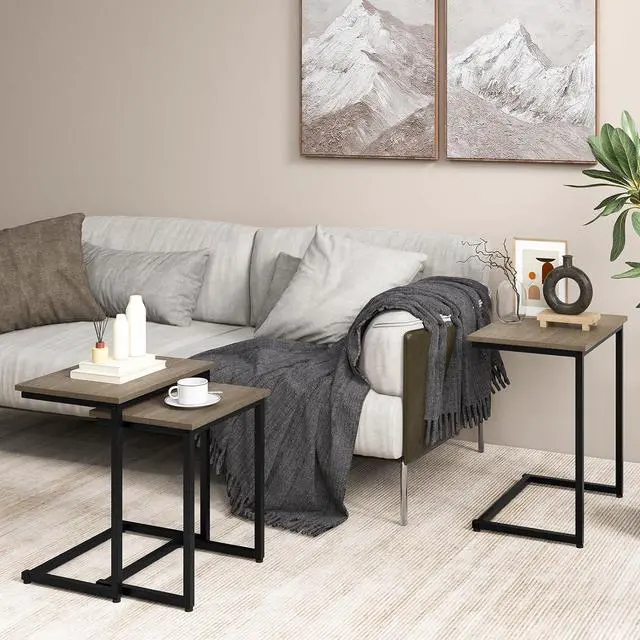 Alt view image 3 of 6 - Giantex Nesting Coffee Table Set of 3, Stackable Square End Table w/Wood Grain Tabletop & Heavy-Duty Metal Frame, Farmhouse C-Shaped Accent Table for Small Space, Living Room, Bedroom (Black Oak)