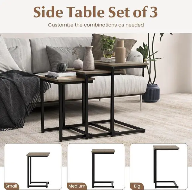 Alt view image 4 of 6 - Giantex Nesting Coffee Table Set of 3, Stackable Square End Table w/Wood Grain Tabletop & Heavy-Duty Metal Frame, Farmhouse C-Shaped Accent Table for Small Space, Living Room, Bedroom (Black Oak)