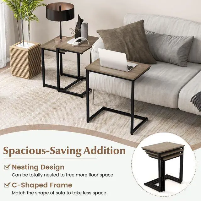 Alt view image 5 of 6 - Giantex Nesting Coffee Table Set of 3, Stackable Square End Table w/Wood Grain Tabletop & Heavy-Duty Metal Frame, Farmhouse C-Shaped Accent Table for Small Space, Living Room, Bedroom (Black Oak)