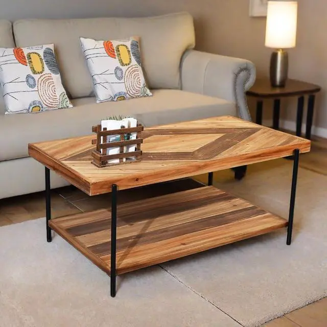 Alt view image 2 of 6 - CONSDAN StoneCreek Coffee Table, Solid Fir Wood & Metal Frame, 2-Tier Industrial Farmhouse Table for Living Room/Office, 44" Rectangular Table