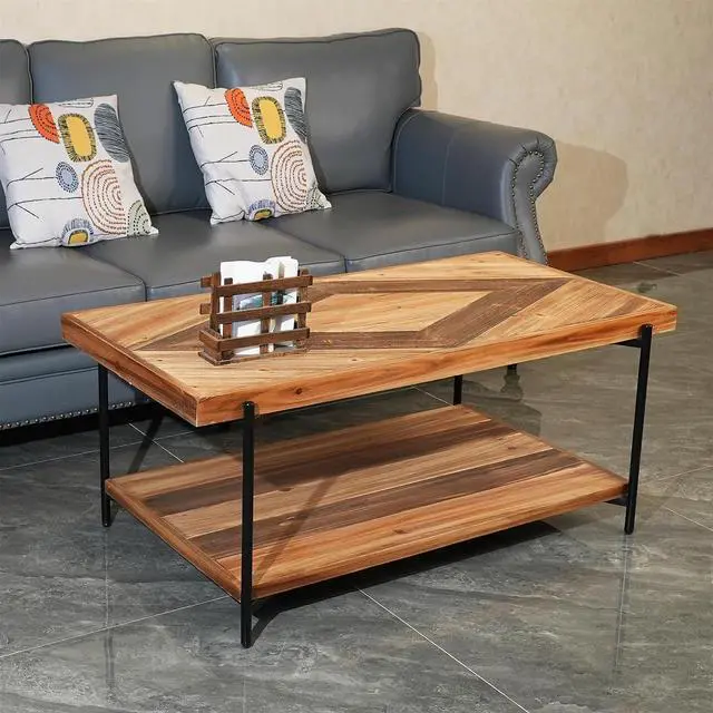 Alt view image 6 of 6 - CONSDAN StoneCreek Coffee Table, Solid Fir Wood & Metal Frame, 2-Tier Industrial Farmhouse Table for Living Room/Office, 44" Rectangular Table