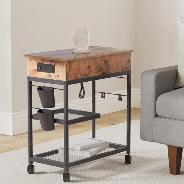 Alt view image 2 of 7 - Colima Lift Top End Table with Charging Station and Wheels, Sofa Side Table with USB Port & AC Outlets, Movable Bedside Nightstand with Side Bag for Office Living Room Bedroom(Rustic Wood)