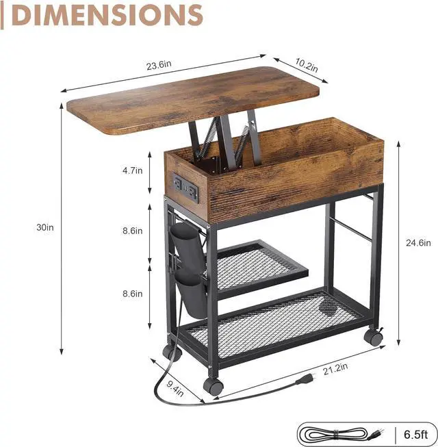 Alt view image 3 of 7 - Colima Lift Top End Table with Charging Station and Wheels, Sofa Side Table with USB Port & AC Outlets, Movable Bedside Nightstand with Side Bag for Office Living Room Bedroom(Rustic Wood)