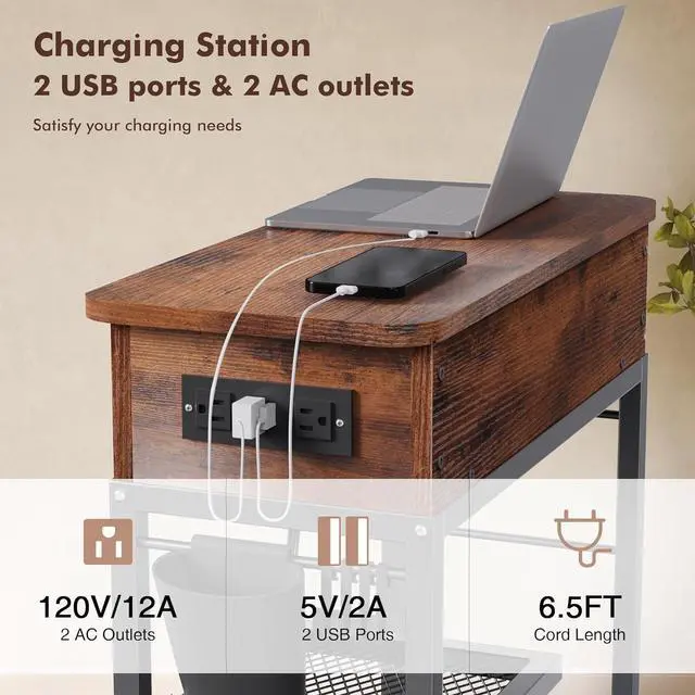 Alt view image 5 of 7 - Colima Lift Top End Table with Charging Station and Wheels, Sofa Side Table with USB Port & AC Outlets, Movable Bedside Nightstand with Side Bag for Office Living Room Bedroom(Rustic Wood)