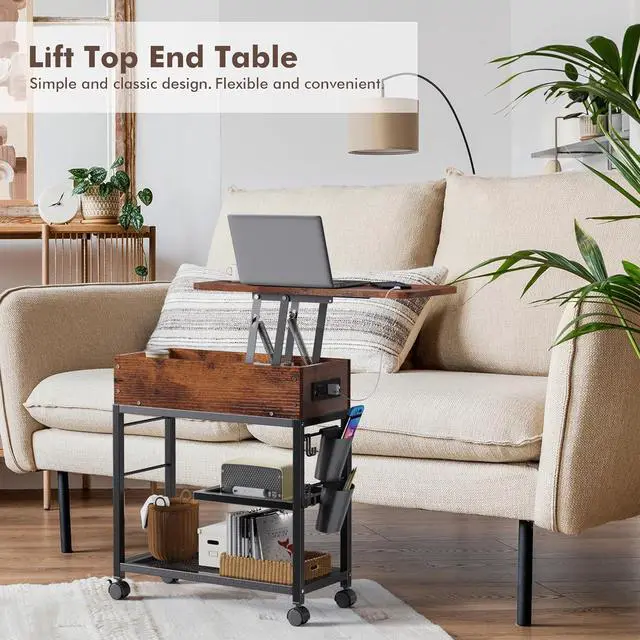 Alt view image 7 of 7 - Colima Lift Top End Table with Charging Station and Wheels, Sofa Side Table with USB Port & AC Outlets, Movable Bedside Nightstand with Side Bag for Office Living Room Bedroom(Rustic Wood)