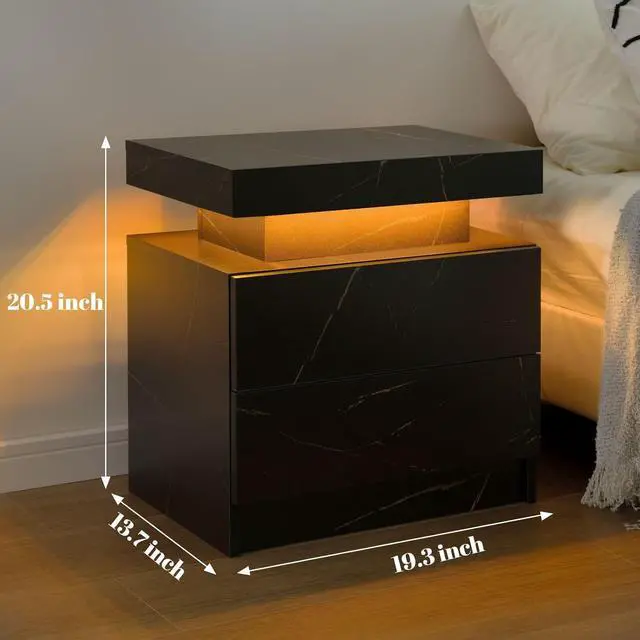 Alt view image 2 of 6 - LED Nightstands Set of 2, Modern End Table with 2 Drawers, End Tables for Living Room Bedroom Black