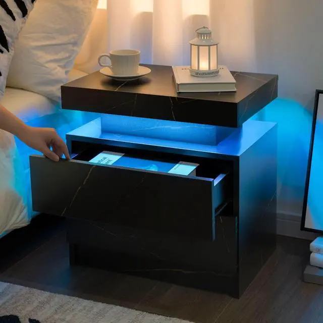 Alt view image 3 of 6 - LED Nightstands Set of 2, Modern End Table with 2 Drawers, End Tables for Living Room Bedroom Black