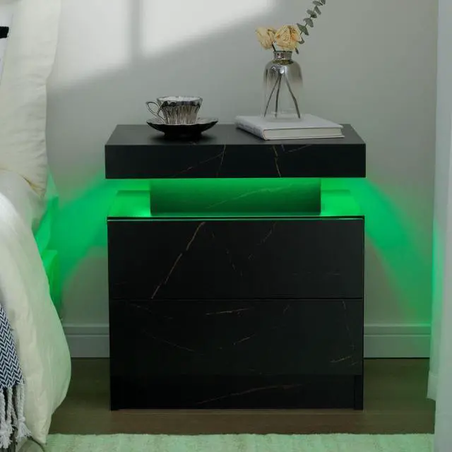 Alt view image 4 of 6 - LED Nightstands Set of 2, Modern End Table with 2 Drawers, End Tables for Living Room Bedroom Black