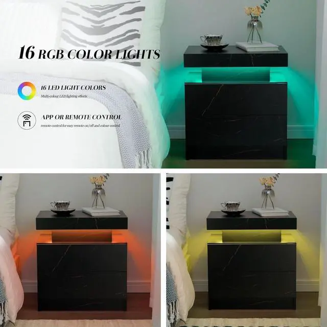 Alt view image 6 of 6 - LED Nightstands Set of 2, Modern End Table with 2 Drawers, End Tables for Living Room Bedroom Black