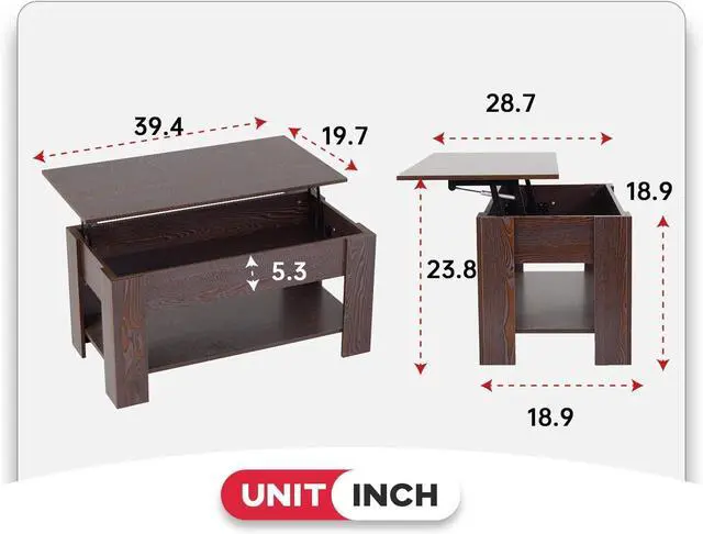 Alt view image 2 of 7 - FDW Lift Top Coffee Table with Hidden Storage Compartment & Lower Shelf,Coffee Table with Lift Top for Living Room,Home Small Space,39.4in (Espresso)