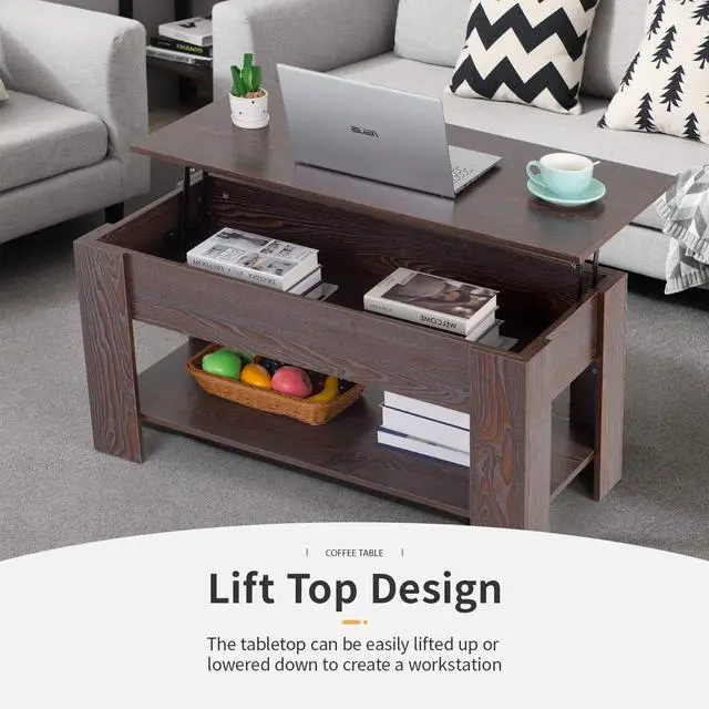 Alt view image 3 of 7 - FDW Lift Top Coffee Table with Hidden Storage Compartment & Lower Shelf,Coffee Table with Lift Top for Living Room,Home Small Space,39.4in (Espresso)