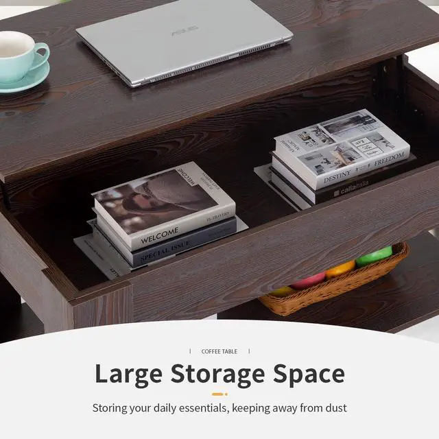 Alt view image 4 of 7 - FDW Lift Top Coffee Table with Hidden Storage Compartment & Lower Shelf,Coffee Table with Lift Top for Living Room,Home Small Space,39.4in (Espresso)