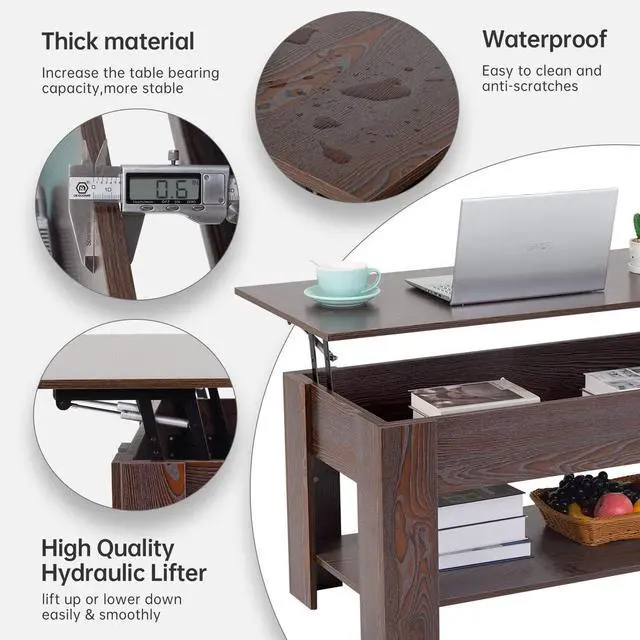 Alt view image 6 of 7 - FDW Lift Top Coffee Table with Hidden Storage Compartment & Lower Shelf,Coffee Table with Lift Top for Living Room,Home Small Space,39.4in (Espresso)