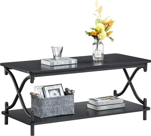 Main image of VECELO 39-Inch Coffee Table with Storage and Open Shelves for Living Dining Room, Modern Rectangle & Industrial Design, X-Shape Frame, Black
