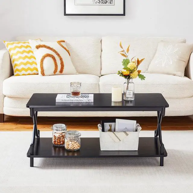Alt view image 2 of 6 - VECELO 39-Inch Coffee Table with Storage and Open Shelves for Living Dining Room, Modern Rectangle & Industrial Design, X-Shape Frame, Black
