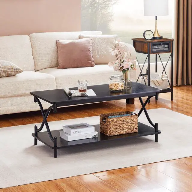 Alt view image 4 of 6 - VECELO 39-Inch Coffee Table with Storage and Open Shelves for Living Dining Room, Modern Rectangle & Industrial Design, X-Shape Frame, Black