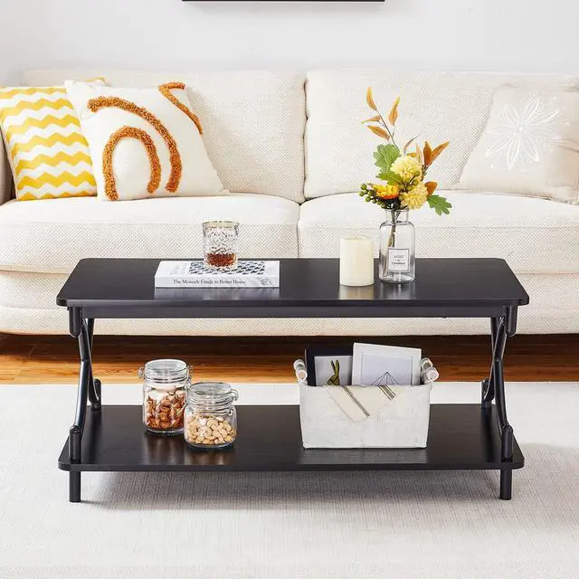 Alt view image 5 of 6 - VECELO 39-Inch Coffee Table with Storage and Open Shelves for Living Dining Room, Modern Rectangle & Industrial Design, X-Shape Frame, Black