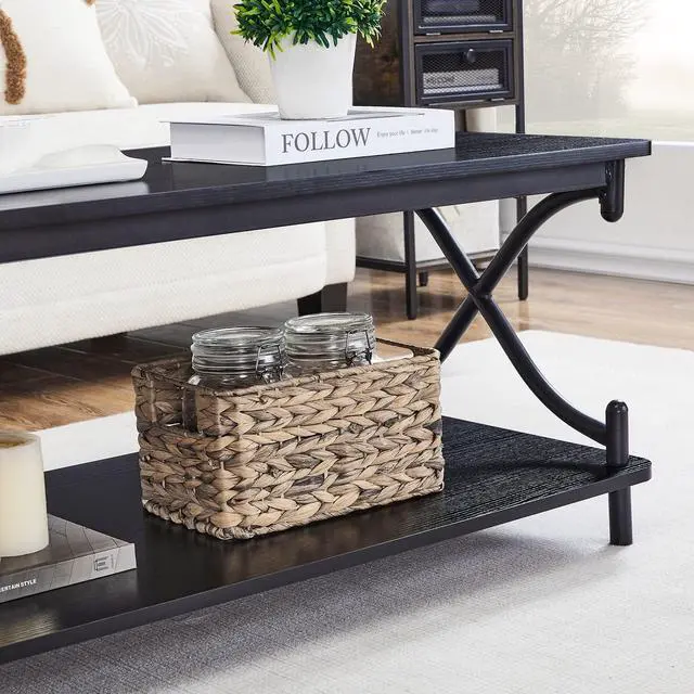 Alt view image 6 of 6 - VECELO 39-Inch Coffee Table with Storage and Open Shelves for Living Dining Room, Modern Rectangle & Industrial Design, X-Shape Frame, Black