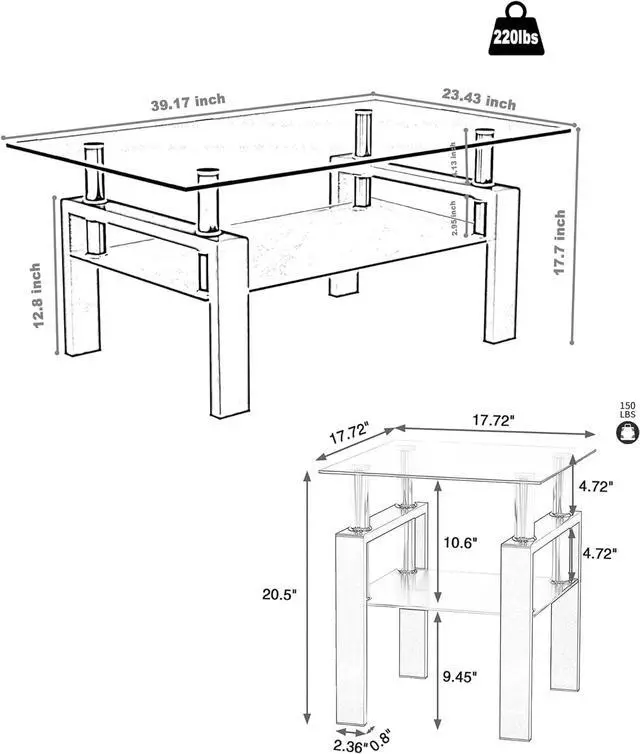 Alt view image 2 of 7 - Glass Side Table 2-Tier Modern Glass Top Corner Table Living Room Side Table with Metal Leg for Living Room, Dining Room, Bedroom (Black, Coffee Table + 2 end Tables)