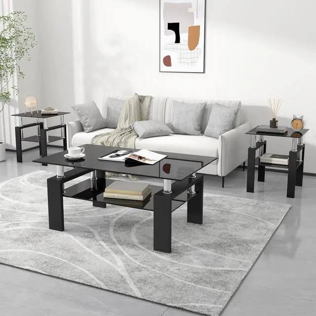 Main image of Glass Side Table 2-Tier Modern Glass Top Corner Table Living Room Side Table with Metal Leg for Living Room, Dining Room, Bedroom (Black, Coffee Table + 2 end Tables)