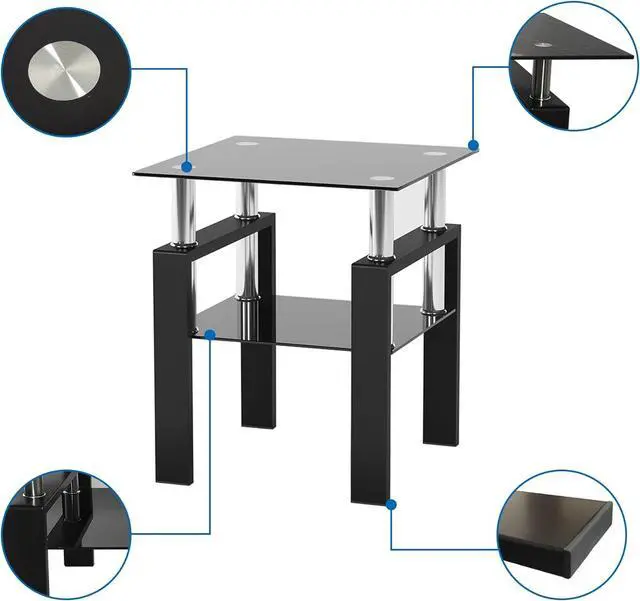 Alt view image 6 of 7 - Glass Side Table 2-Tier Modern Glass Top Corner Table Living Room Side Table with Metal Leg for Living Room, Dining Room, Bedroom (Black, Coffee Table + 2 end Tables)