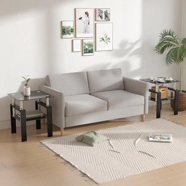 Alt view image 5 of 7 - Glass Side Table 2-Tier Modern Glass Top Corner Table Living Room Side Table with Metal Leg for Living Room, Dining Room, Bedroom (Black, Coffee Table + 2 end Tables)