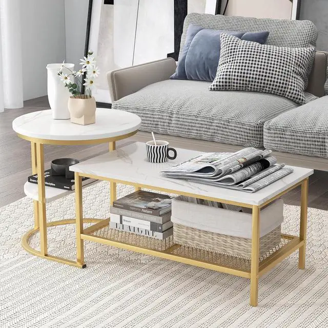 Main image of Giantex Nesting Coffee Table Set of 2, Detachable Rectangular Table & Round Table Set w/White Faux Marble Print, Sturdy Golden Metal Frame, Modern Stacking Side Table for Living Room, Bedroom(Gold)
