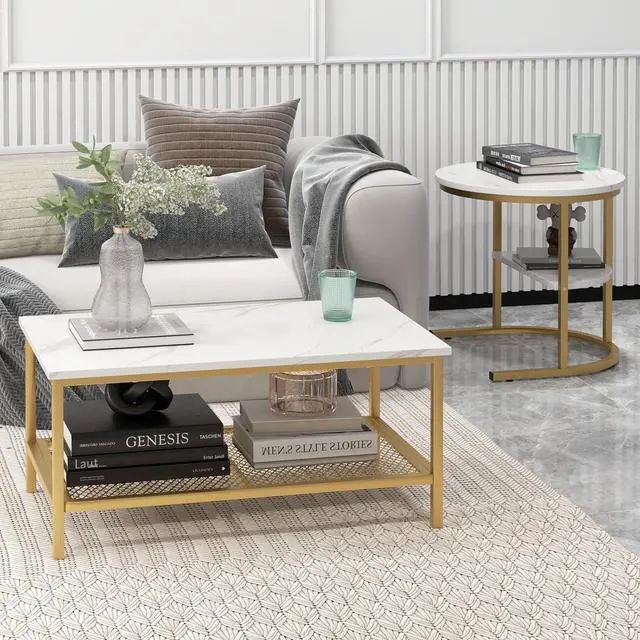 Alt view image 3 of 7 - Giantex Nesting Coffee Table Set of 2, Detachable Rectangular Table & Round Table Set w/White Faux Marble Print, Sturdy Golden Metal Frame, Modern Stacking Side Table for Living Room, Bedroom(Gold)