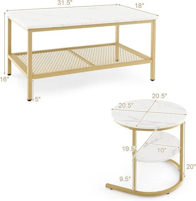Alt view image 2 of 7 - Giantex Nesting Coffee Table Set of 2, Detachable Rectangular Table & Round Table Set w/White Faux Marble Print, Sturdy Golden Metal Frame, Modern Stacking Side Table for Living Room, Bedroom(Gold)