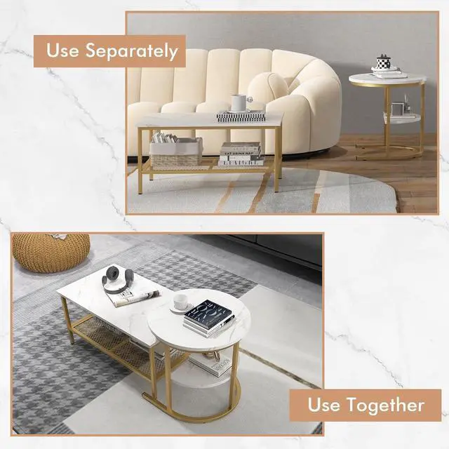 Alt view image 4 of 7 - Giantex Nesting Coffee Table Set of 2, Detachable Rectangular Table & Round Table Set w/White Faux Marble Print, Sturdy Golden Metal Frame, Modern Stacking Side Table for Living Room, Bedroom(Gold)