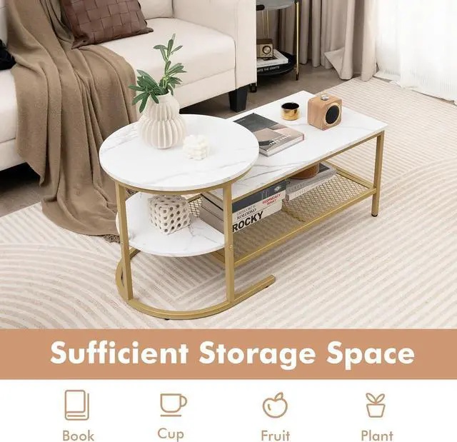 Alt view image 5 of 7 - Giantex Nesting Coffee Table Set of 2, Detachable Rectangular Table & Round Table Set w/White Faux Marble Print, Sturdy Golden Metal Frame, Modern Stacking Side Table for Living Room, Bedroom(Gold)