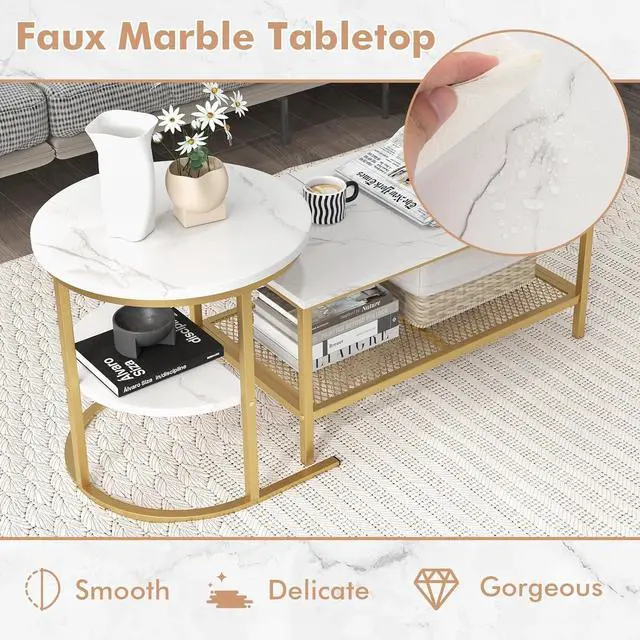 Alt view image 6 of 7 - Giantex Nesting Coffee Table Set of 2, Detachable Rectangular Table & Round Table Set w/White Faux Marble Print, Sturdy Golden Metal Frame, Modern Stacking Side Table for Living Room, Bedroom(Gold)