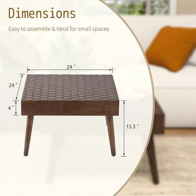 Alt view image 2 of 7 - SUNBURY Morden Square,24" Wood Coffee Table for Farmhouse Living Room Table, Small Dining Table