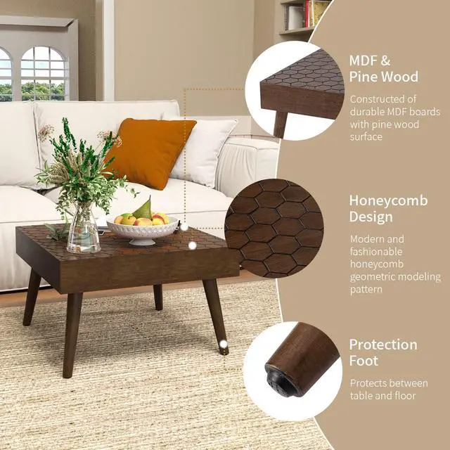 Alt view image 4 of 7 - SUNBURY Morden Square,24" Wood Coffee Table for Farmhouse Living Room Table, Small Dining Table