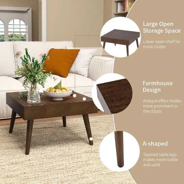 Alt view image 5 of 7 - SUNBURY Morden Square,24" Wood Coffee Table for Farmhouse Living Room Table, Small Dining Table