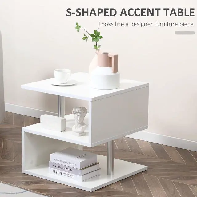 Alt view image 4 of 7 - HOMCOM 20" Modern End Table, Accent Side Table, S-Shaped Coffee Table with Storage Shelf and Steel Poles, White