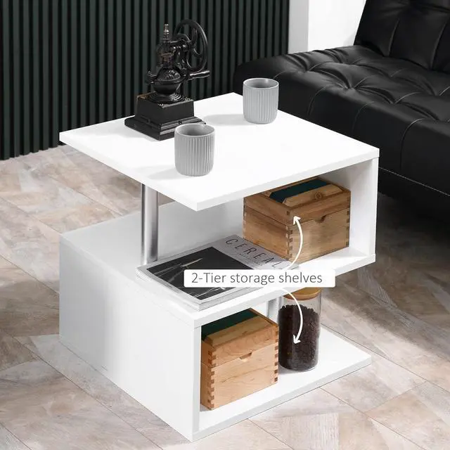 Alt view image 5 of 7 - HOMCOM 20" Modern End Table, Accent Side Table, S-Shaped Coffee Table with Storage Shelf and Steel Poles, White