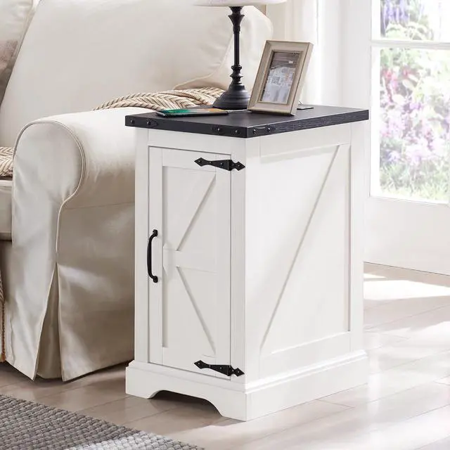 Main image of JXQTLINGMU Nightstand with Charging Station, Rectangular Farmhouse End Table with Barn Door and Adjustable Storage Shelf, 17" Deep Wood Rustic Sofa Side Table for Living Room, Bedroom, White