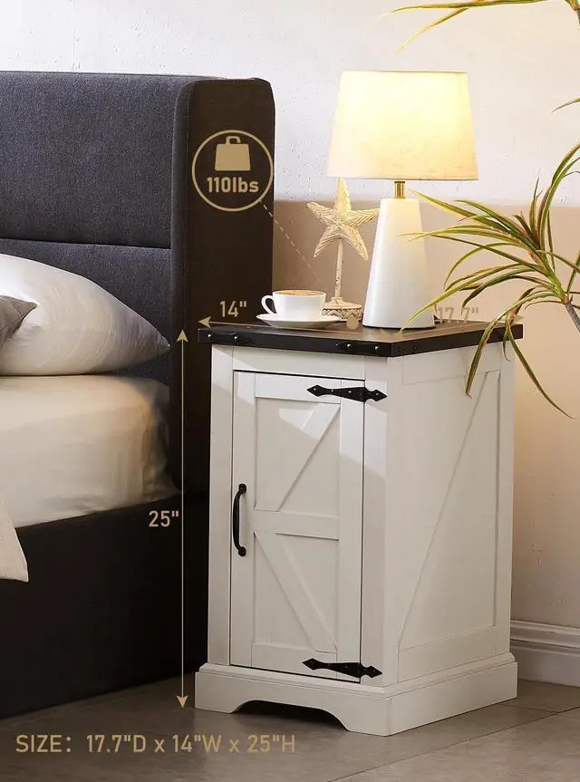 Alt view image 3 of 7 - JXQTLINGMU Nightstand with Charging Station, Rectangular Farmhouse End Table with Barn Door and Adjustable Storage Shelf, 17" Deep Wood Rustic Sofa Side Table for Living Room, Bedroom, White