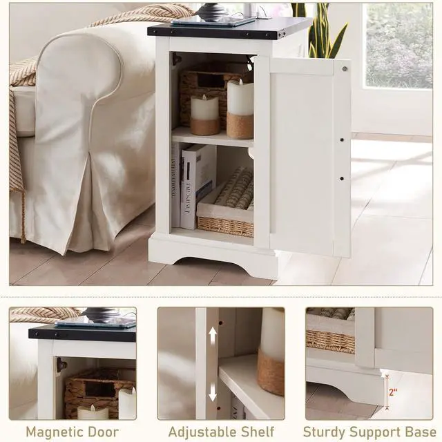 Alt view image 6 of 7 - JXQTLINGMU Nightstand with Charging Station, Rectangular Farmhouse End Table with Barn Door and Adjustable Storage Shelf, 17" Deep Wood Rustic Sofa Side Table for Living Room, Bedroom, White