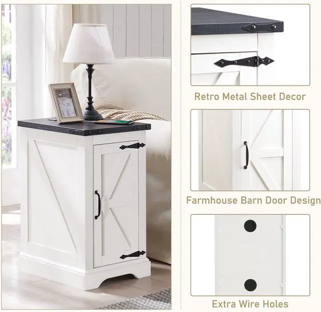 Alt view image 7 of 7 - JXQTLINGMU Nightstand with Charging Station, Rectangular Farmhouse End Table with Barn Door and Adjustable Storage Shelf, 17" Deep Wood Rustic Sofa Side Table for Living Room, Bedroom, White