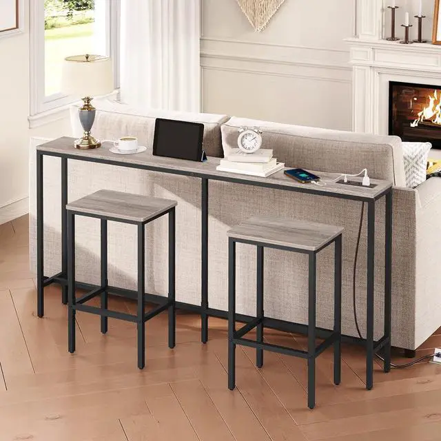 Alt view image 2 of 7 - Skinny Console Table with Power Outlets, 63" Narrow Sofa Table, Behind Couch Table with Charging Station, Sofa Hallway Table for Plants, Living Room CTHG165E01