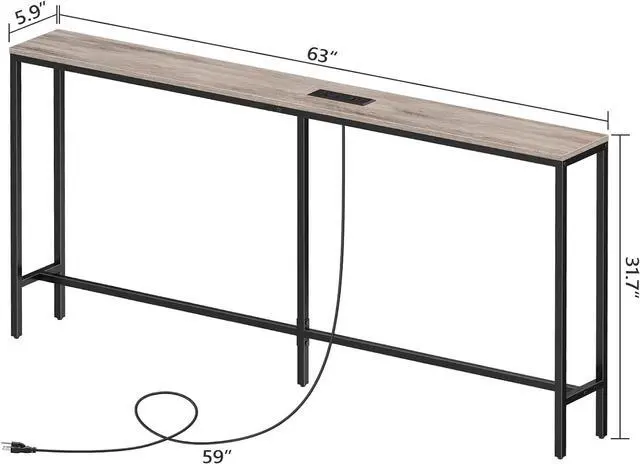 Alt view image 3 of 7 - Skinny Console Table with Power Outlets, 63" Narrow Sofa Table, Behind Couch Table with Charging Station, Sofa Hallway Table for Plants, Living Room CTHG165E01