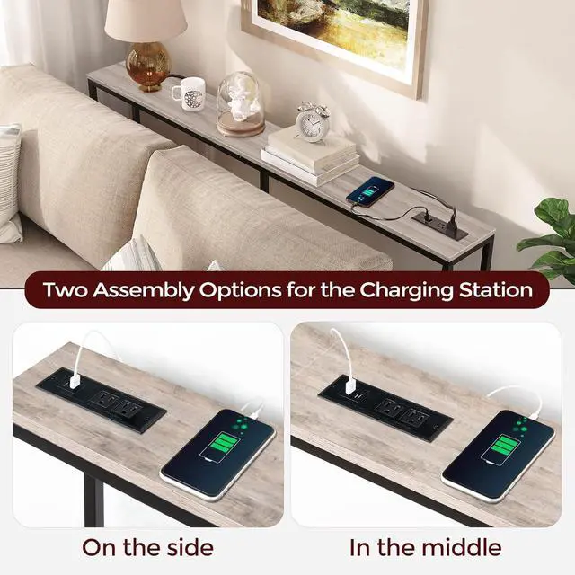 Alt view image 5 of 7 - Skinny Console Table with Power Outlets, 63" Narrow Sofa Table, Behind Couch Table with Charging Station, Sofa Hallway Table for Plants, Living Room CTHG165E01