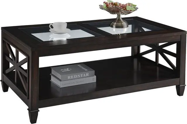 Main image of Solid Wood Coffee Table with Tempered Glass Top, Farmhouse Living Room Center Table with 2-tire Storage Shelf, Traditional Cocktail Table, 45.5 x 26 x 19 Easy Assembly, Vintage Walnut KFZ1318DC