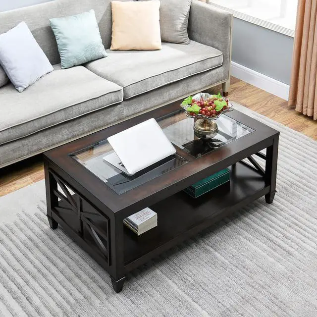 Alt view image 2 of 7 - Solid Wood Coffee Table with Tempered Glass Top, Farmhouse Living Room Center Table with 2-tire Storage Shelf, Traditional Cocktail Table, 45.5 x 26 x 19 Easy Assembly, Vintage Walnut KFZ1318DC