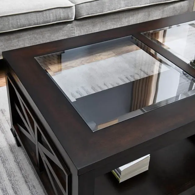 Alt view image 5 of 7 - Solid Wood Coffee Table with Tempered Glass Top, Farmhouse Living Room Center Table with 2-tire Storage Shelf, Traditional Cocktail Table, 45.5 x 26 x 19 Easy Assembly, Vintage Walnut KFZ1318DC