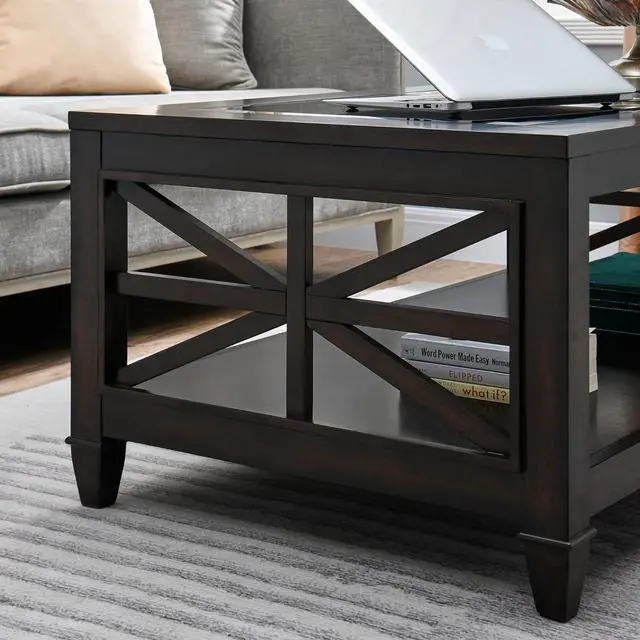 Alt view image 6 of 7 - Solid Wood Coffee Table with Tempered Glass Top, Farmhouse Living Room Center Table with 2-tire Storage Shelf, Traditional Cocktail Table, 45.5 x 26 x 19 Easy Assembly, Vintage Walnut KFZ1318DC