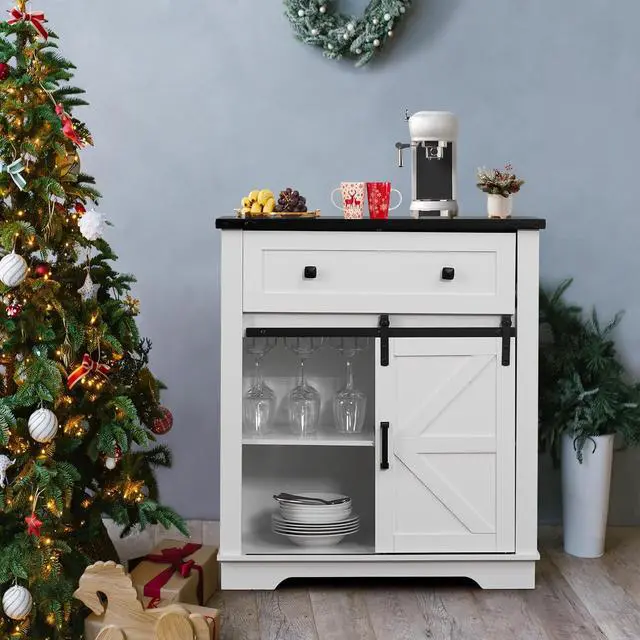 Main image of Buffet Cabinet with Storage, Farmhouse Rustic Sideboard with Drawer, with Wine Glass Rack, Coffee Bar Console Table with Barn Door for Kitchen, Home, Dining Room, Entryway, White