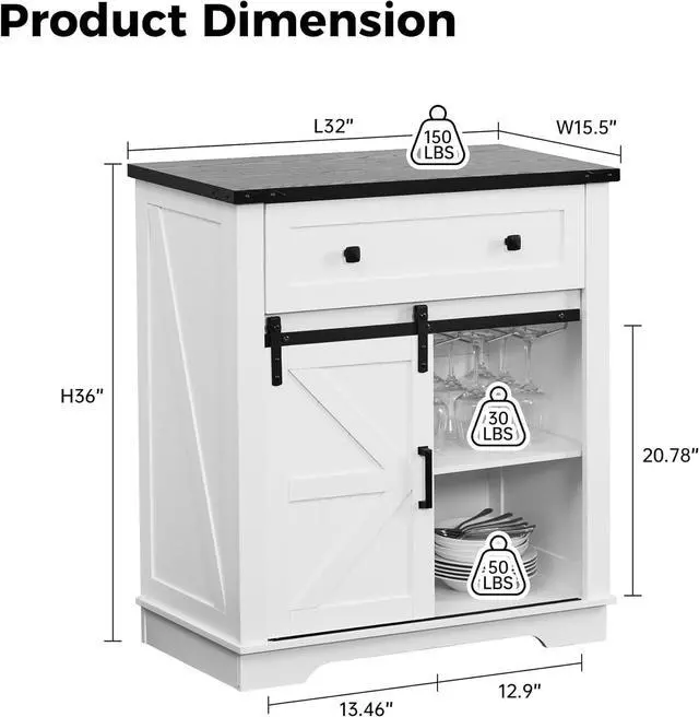 Alt view image 2 of 7 - Buffet Cabinet with Storage, Farmhouse Rustic Sideboard with Drawer, with Wine Glass Rack, Coffee Bar Console Table with Barn Door for Kitchen, Home, Dining Room, Entryway, White